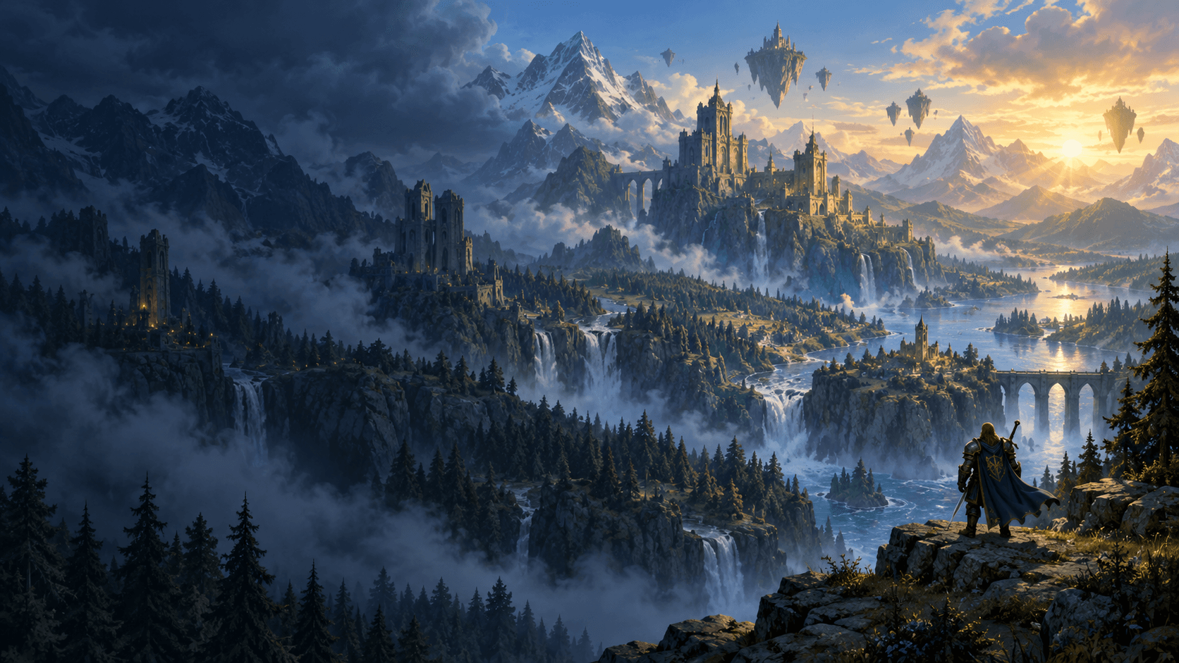 An adventurer overlooks a misty fantasy valley, ancient towers and distant floating islands.